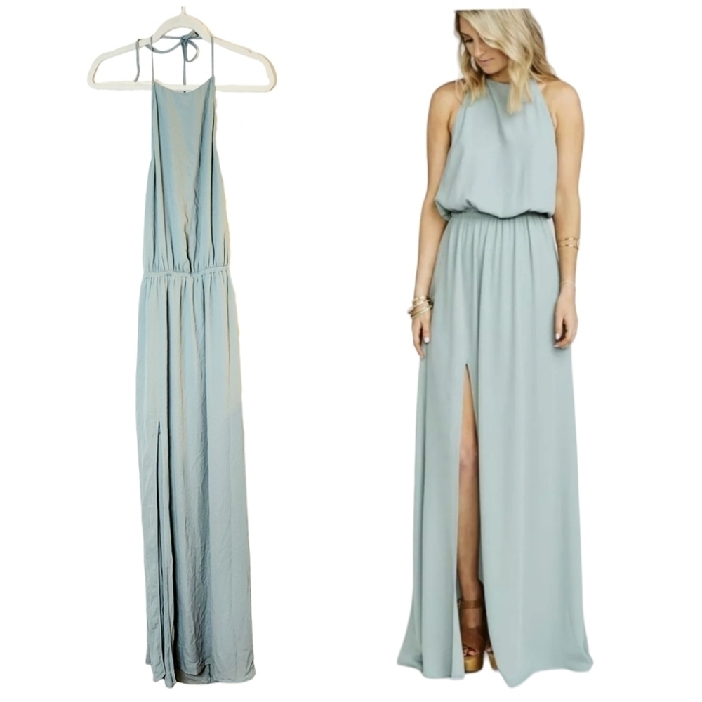 SHOW ME YOUR MUMU Heather Halter Maxi Dress Size Small Womens Silver Sage Crisp